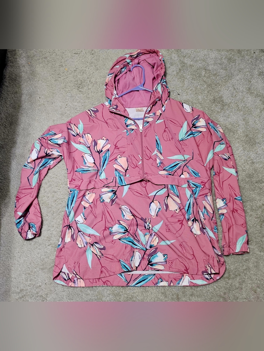 Womens Calia Floral/Rose Quarter zip lightweight pullover jacket size LG